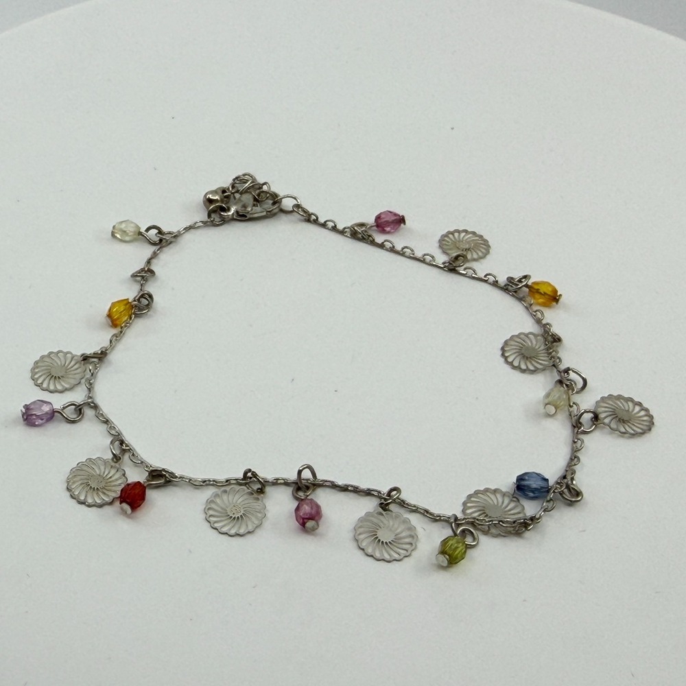 Whimsical Multi-Color Charm Bracelet Silver Tone Flower Dangles Boho Accessory